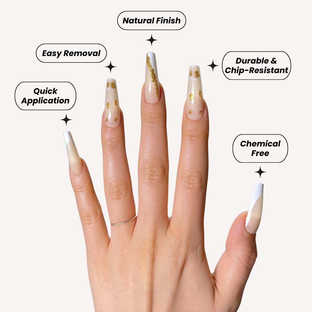 PerfectLook Press On Nails - Golden Ornament | No Glue Long Coffin French Gold Foil Nails with Glitter for Holiday - 24 Pcs Nail Kit with Adhesive Tabs