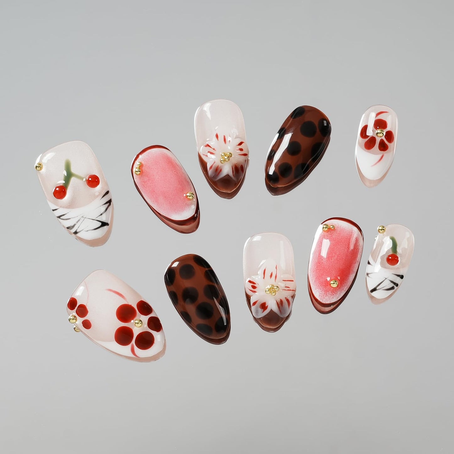 Tesytto Handmade Short Almond Press on Nails - Leopard Print & Cherry Floral Design, Coffee Dot Glossy French Tip Reusable False Nails (Leopard Cherry Fun, L)