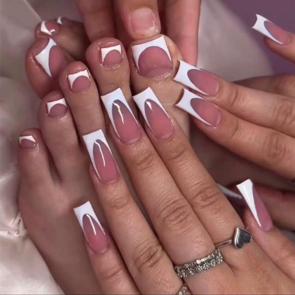 CTTHNBD Medium Press on Nails Square & Press on Toenails Set, White French Tip Fake Nails, Glossy Full Cover Stick on - for Women 48 Pcs