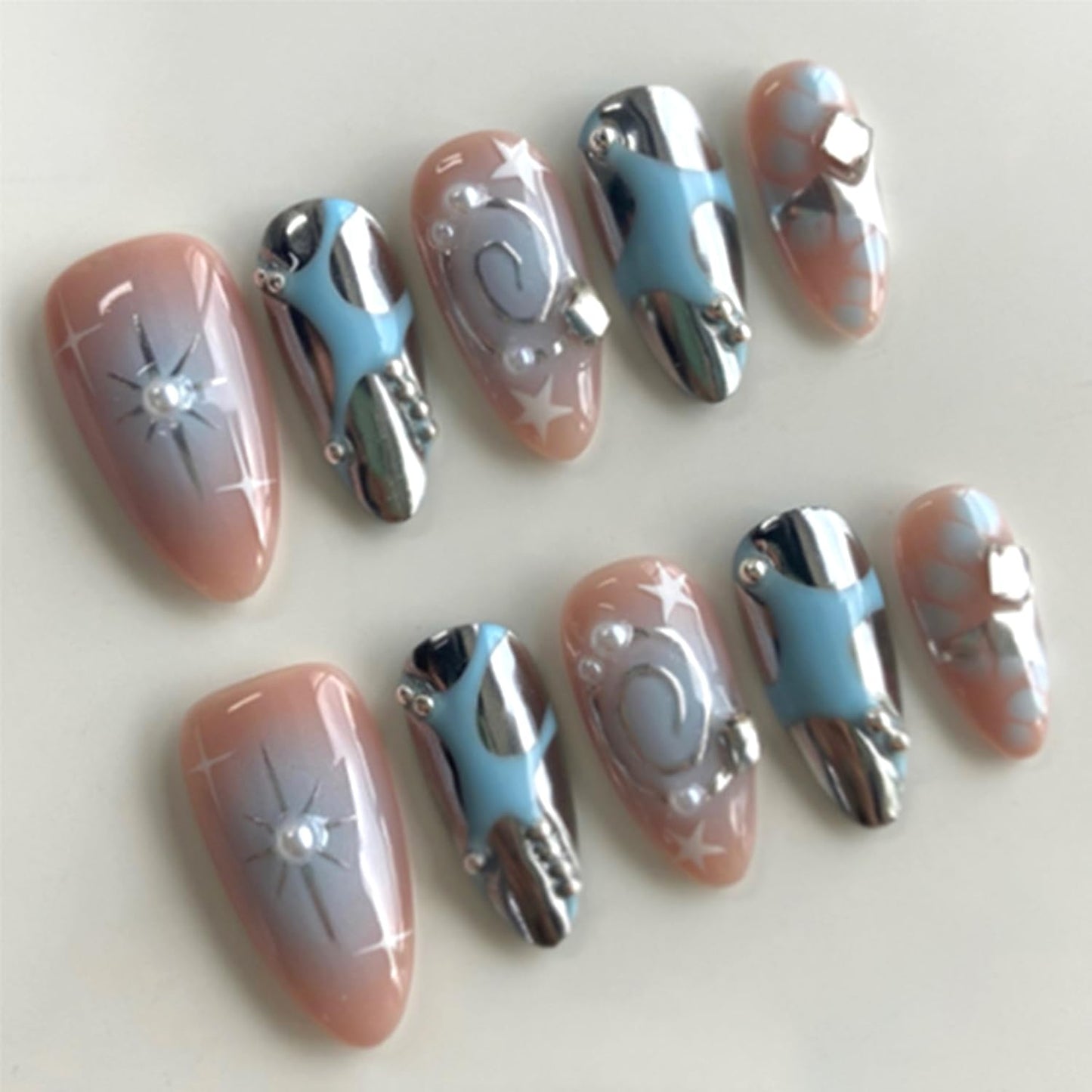24Pcs Glitter Y2k Press on Nails Medium Almond Fake Nails Metallic Silver Star Irregular Lines Pearl Patterns French Press on False Nails Full Cover Glossy Acrylic Nails Stick on Goth Artificial Nail