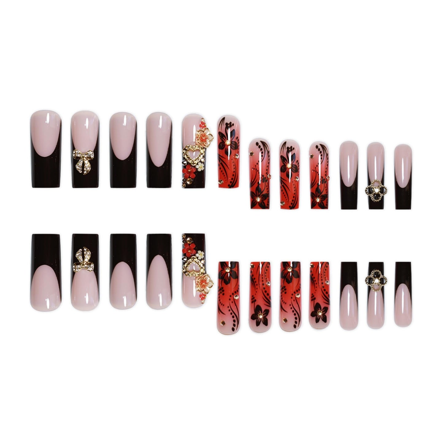 Long Press on Nails Square Fake Nails Red French Artificial Nail with 3D Flowers and Gold Charm Designs Cute Fall Nail Glossy Stick on Nails for Women 24pcs
