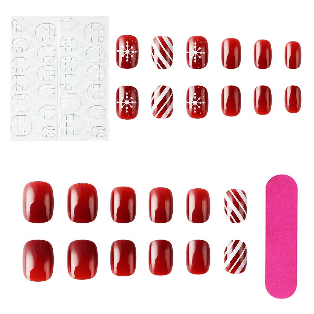 Christmas Press on Short Nails - Square Fake Nails with Snowflake Design - Red False Nails Press ons - for Women Winter Manicure 24 Pcs