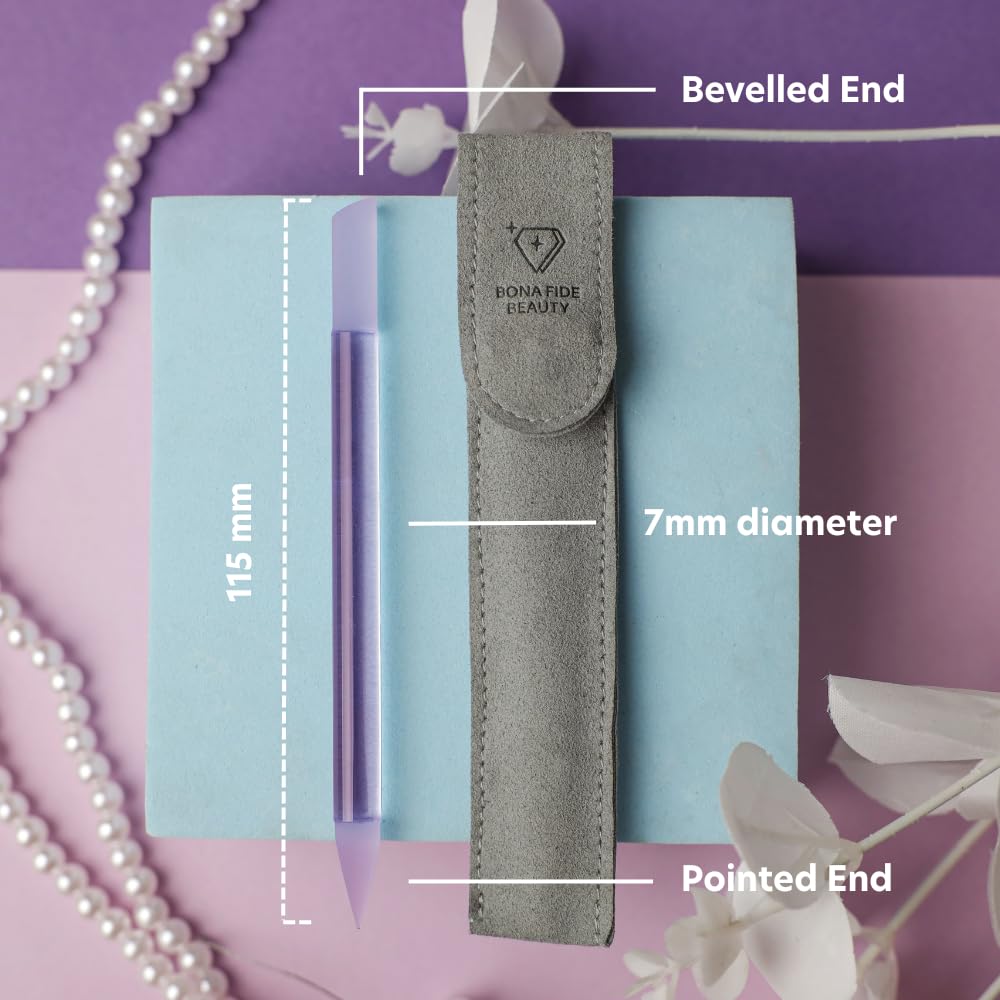 Bona Fide Beauty Glass Cuticle Pusher - High Grit Purple Dual Ended Nail Care Tool with Pointed and Slanted End. Manicure Tool for Women