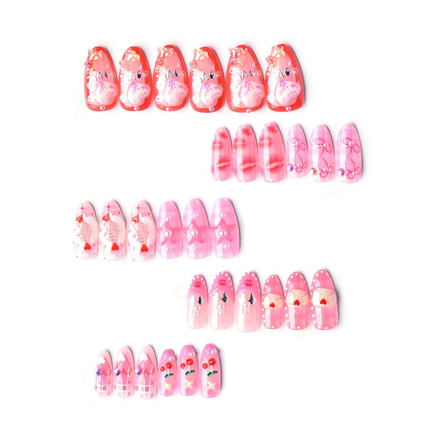 30Pcs Pink Valentine's Press on Nails Almond Nail Art,Beautiful Fake Nails Set French Pointed Nails Cute Bear Sexy Red Lips Rose Pearl Pressed Nails,Love Fully Covered Romantic Nail Decor DIY Manicure