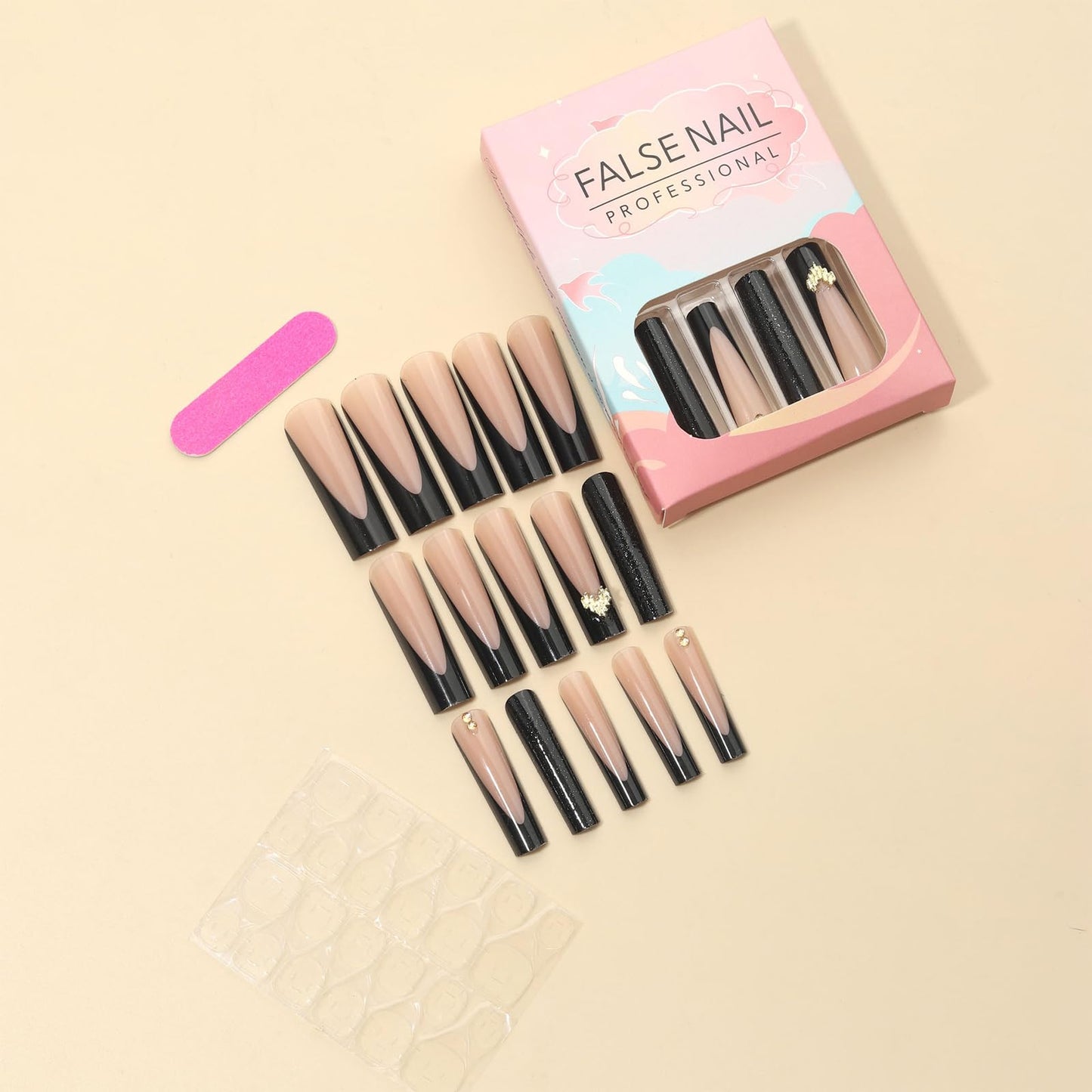 Press on Nails Extra Long - Aegenacess Square Press On Nails with 3D Heart and Rhinestones, Nude French Tips Y2K Fake Nails with Glue Sticker, Handmade 24 pcs Stick On Nails False Nail in 12 Sizes