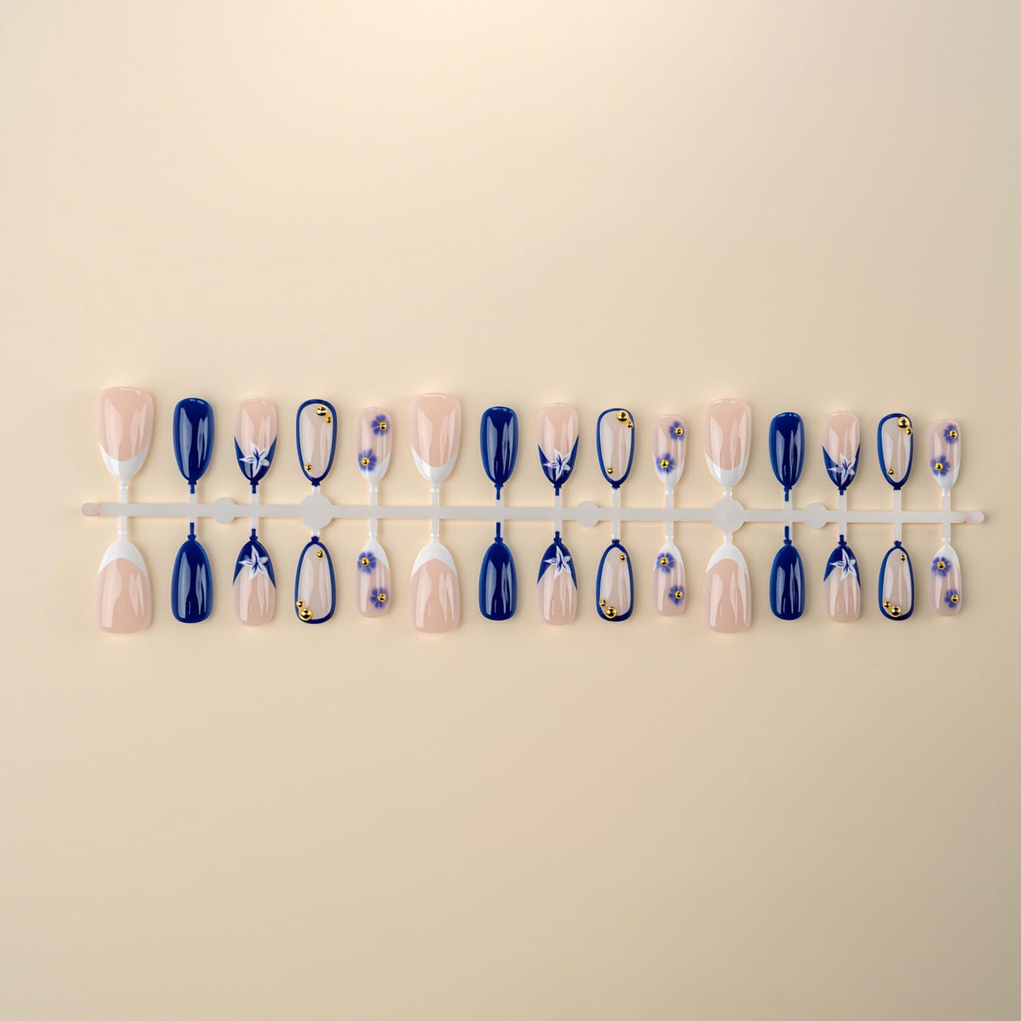 30Pcs Blue Flower Press on Nails - Short Almond French Tip Fake Nails with 3D Gold Beads Design Flowers False Nails Nude Glossy Full Cover Spring Summer Floral Gel Artificial Stick on Nails for Women