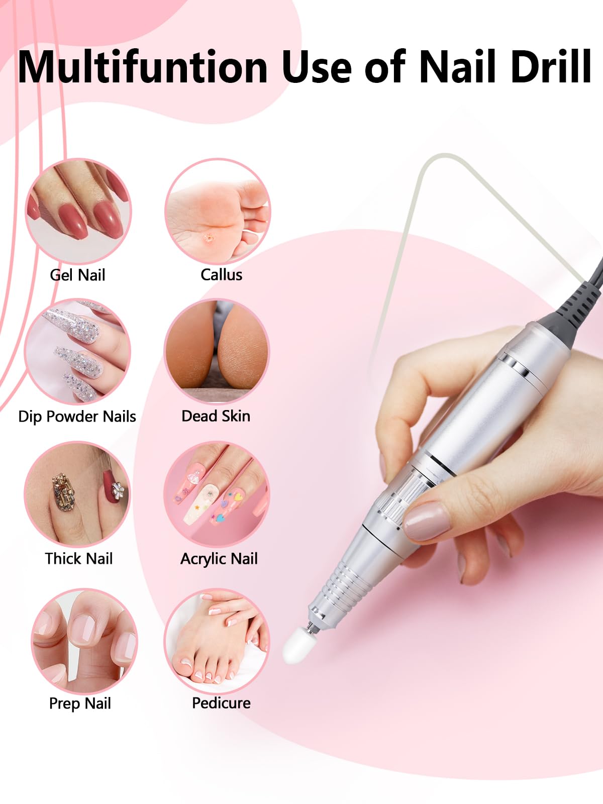 Nail Drill, Portable Electric Nail File 50000RPM, Rechargeable Nail Drill Professional with Bits for Acrylic Gel Nails, E-File Machine Manicure Polishing for Salon Home, Purple
