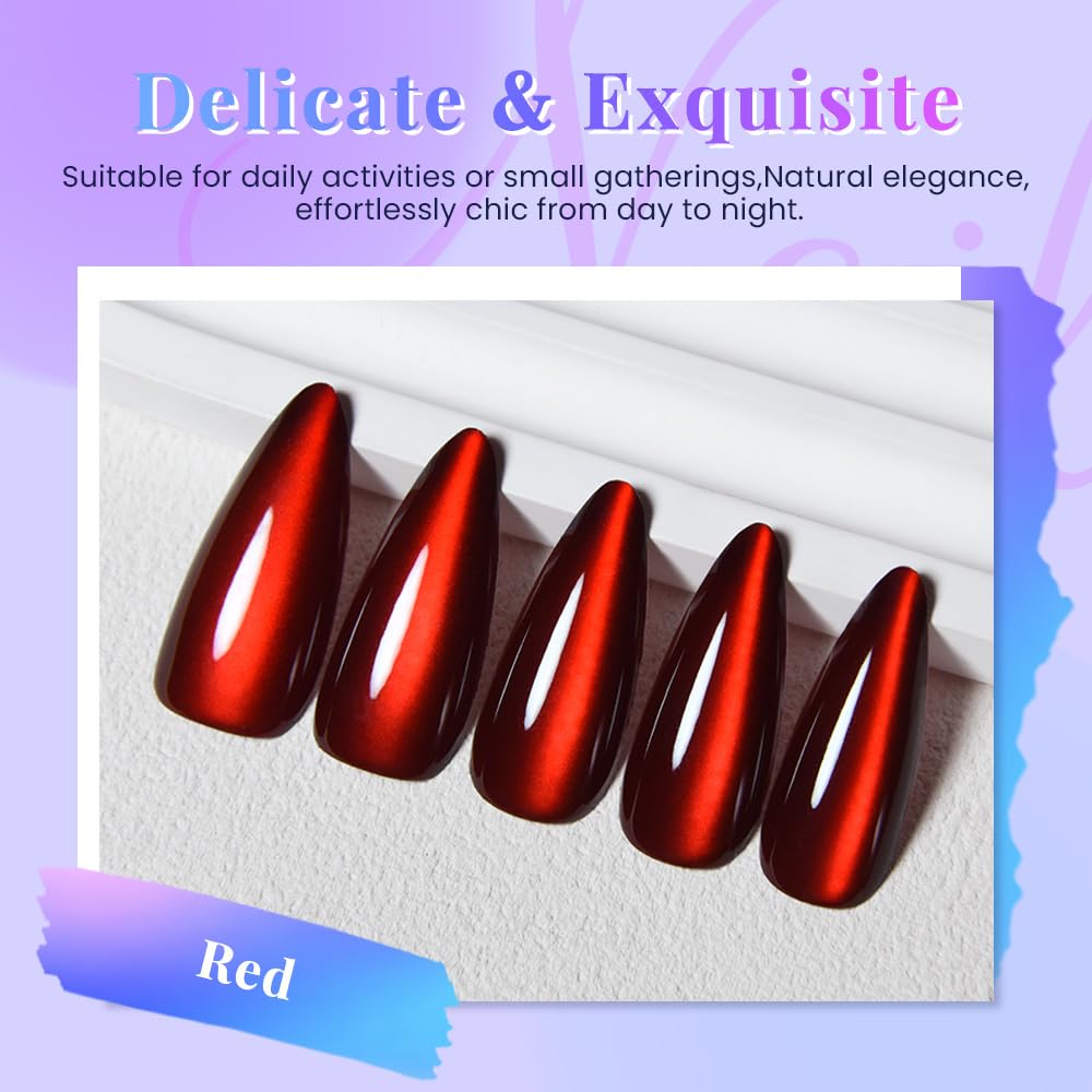 evpct Dark Red Cat Eye Press on Nails Almond Long No Glue, Soft Stick on Nail Almond for Women, Holographic Red Glossy Soft Perfectly Fit Reusable Long Press on Acrylic Fake Nail with Cat Eye Designs