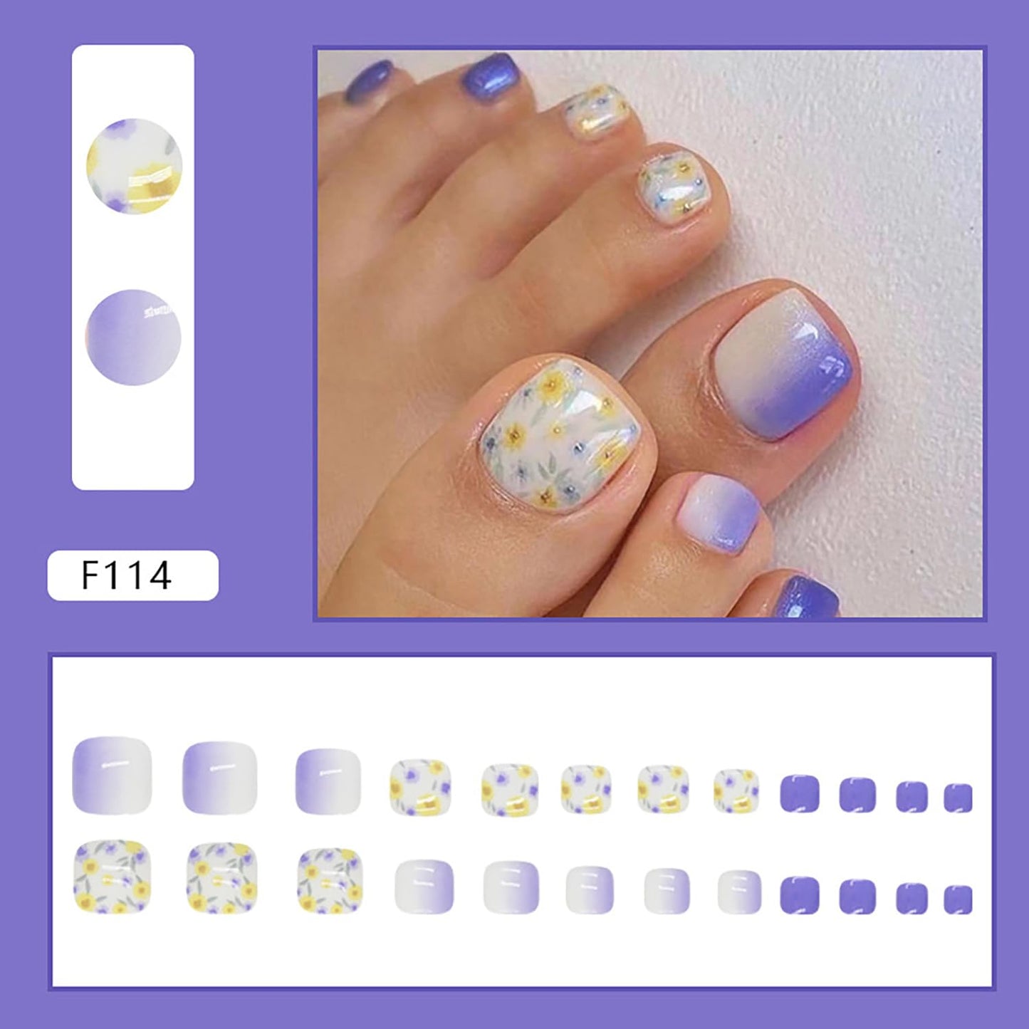 Press on Toenails with Flower Designs, Artificial Purple Fake Nails for Toe, Full Cover Glossy Coffin Acrylic False Nails, Glue on Toenails with Charm, Stick on Toe Nails for Women Girls(F114)