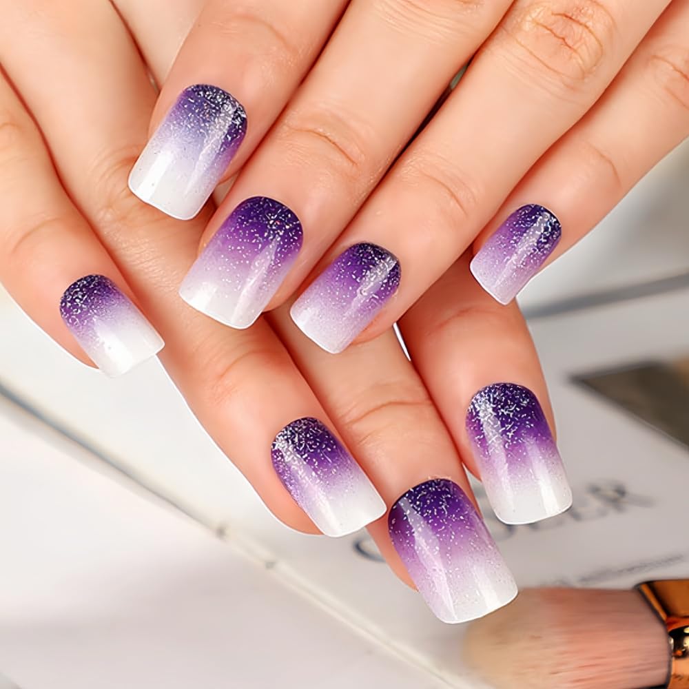 Rilafuvu Square Press on Nails Short Fake Nails Purple Gradient Glue on Nail Glitter Acrylic Nails Glossy False Nails Press on Nails for Women and Girls 24Pcs