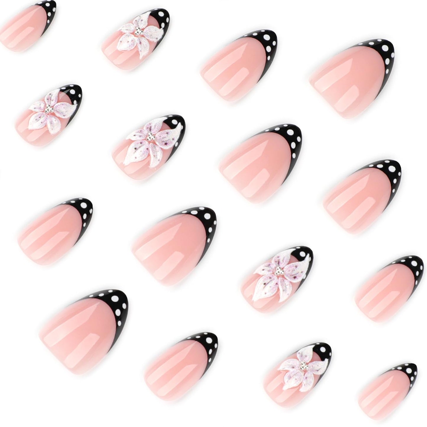 Mivota Luxury Soft Gel Press On Nails Short Almond French Tip Nude Pink with 3D Flower & Polka Dot Design, Reusable Glue On Fake Nails for Women, Salon Quality Manicure Set
