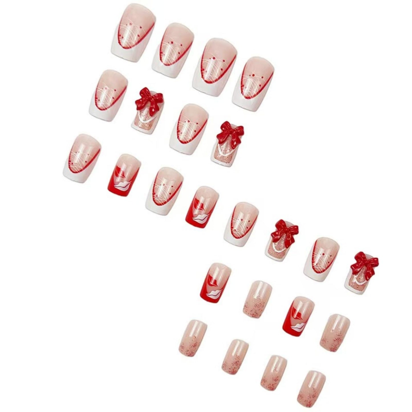 White French Tip Press on Nails Red Bow Fake Nails Lip Print Glue on Nail with Design Glossy Full Cover Medium Square Stick on Nail for Women Manicure 24Pcs