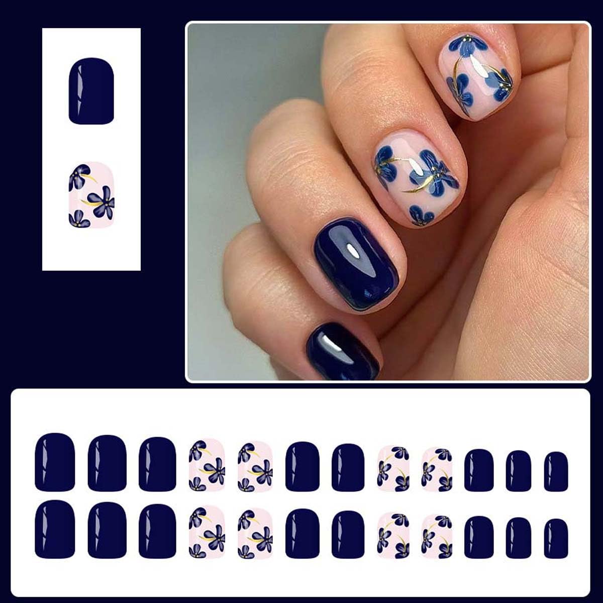 LINMEIZAI Navy Blue Press on Nails Short Square Fake Nails Cute Blue Flower Design False Nails Glossy Acrylic Press ons Artificial Glue on Nail Full Cover Floral Stick on Nails for Women 24Pcs