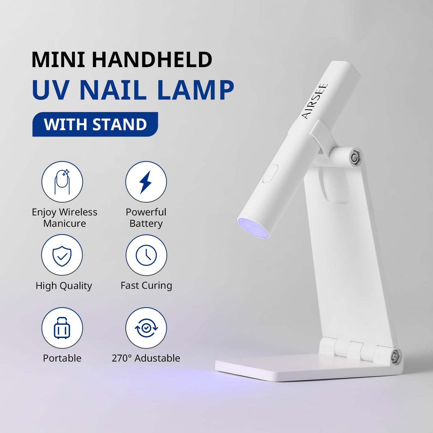 AIRSEE Mini Handheld UV Light for Gel Nails with Stand,Portable Rechargeable Nail Lamps,2 Timers for Fast Extension,Rhinestone Glue Decoration,Gel Nail Strips at Home,Travel(White)