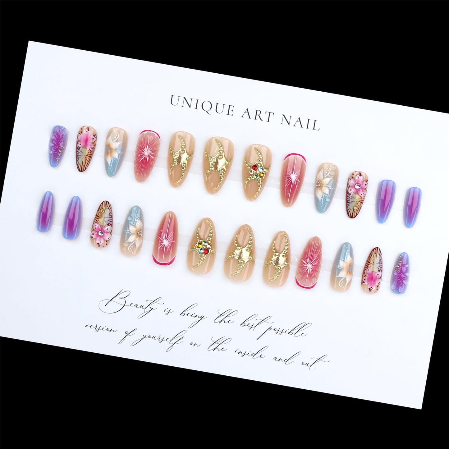 24Pcs Handmade Almond Press on Nails Fake Nails 3D ice Flower Stripes False Nails with Pink Gradient Gold Beads Designs Glitter Rhinestones Nails French False Stick on Nail for Women DIY Tips