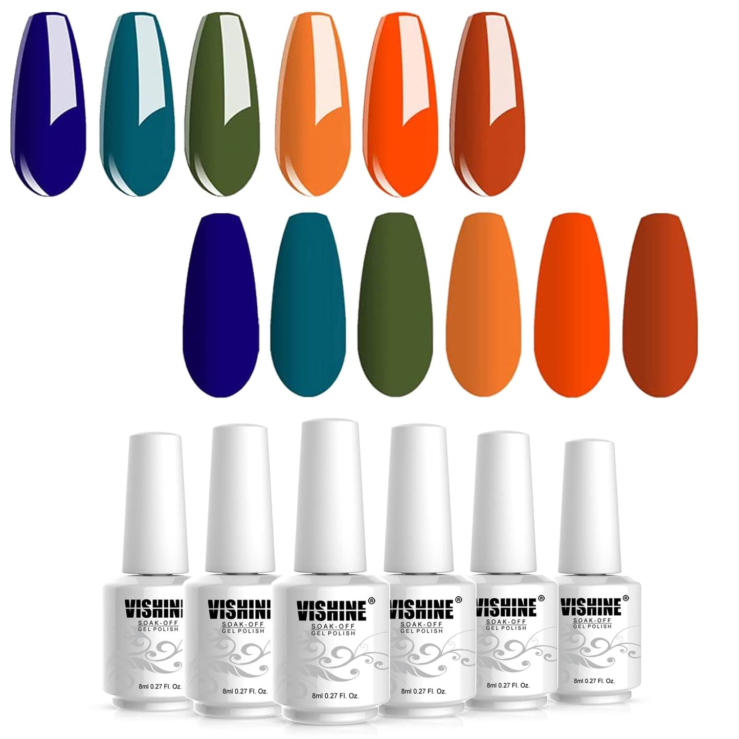 Vishine Gel Polish 6 Colours Soak Off UV LED Nail Art Manicure DIY Salon Gift Set Starter Kit Fall Color Orange Olive Green Colour Series 8ML