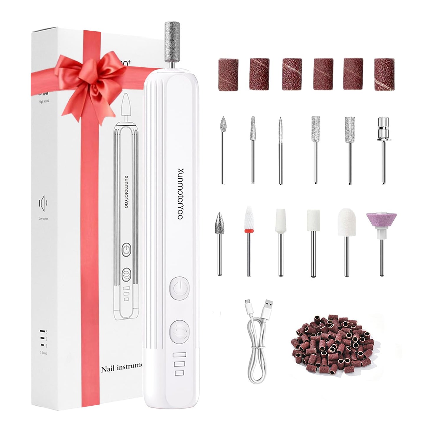 XunmotorYao Electric Nail File Set,Professional 3 Speeds Cordless Electric Nail Drill Kit for Acrylic Gel Nails,12 in 1 Manicure and Pedicure Tools for Home Salon(White)