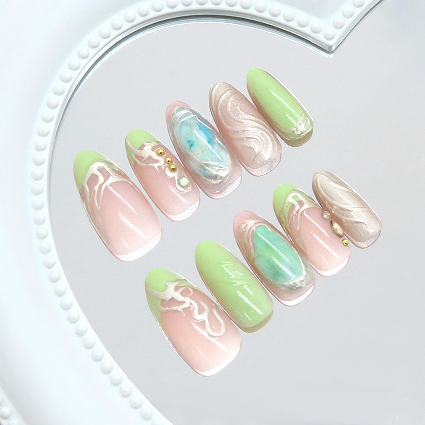 30Pcs Chrome Gold Press on Nails Medium Almond Green French Tip Fake Nails with 3D Rhinestone Design Gold Irregularity Line False Nails Nude Glossy Full Cover Gilded Artificial Glue on Nails for Women