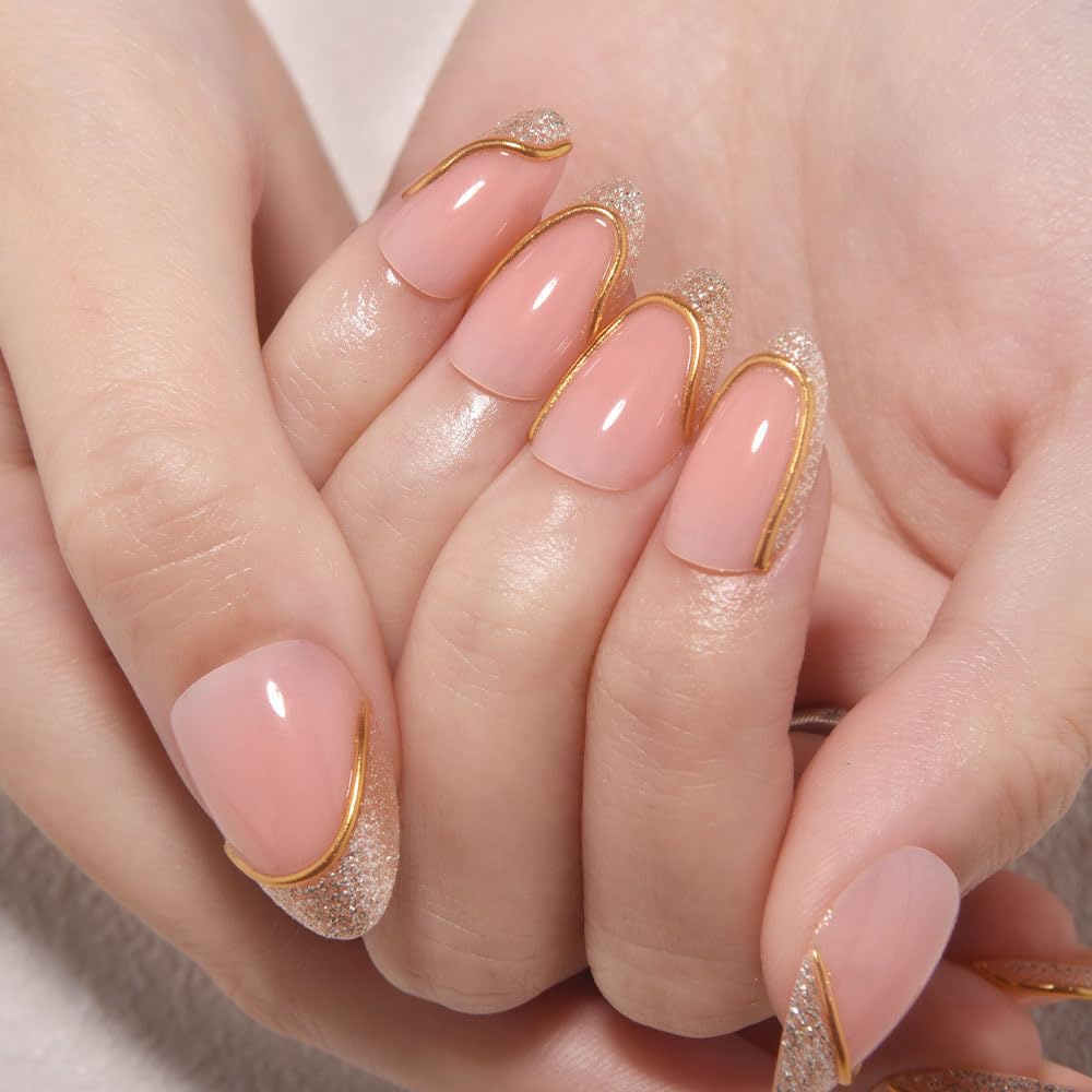 evpct French Tip Press On Nails Short Almond, Nude Pink + Gold Line & Gold Glitter Tips, Short Almond Fake False Press on Nails, Reusable Gel Stick on nail Press ons with Nail Kit, Salon Quality