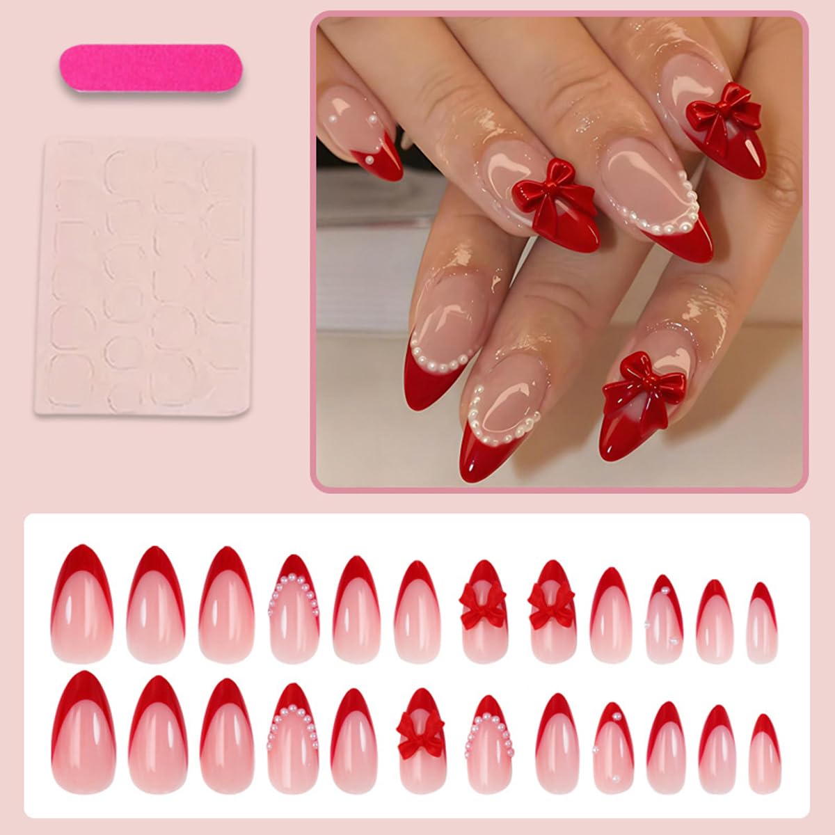 Red French Tip Press on Nails - Medium Almond Fake Nails with 3D Bow | Pearl Designs False Nails Reusable Glue on Nails Glossy Full Cover Stick on Nails for Women Manicure 24Pcs