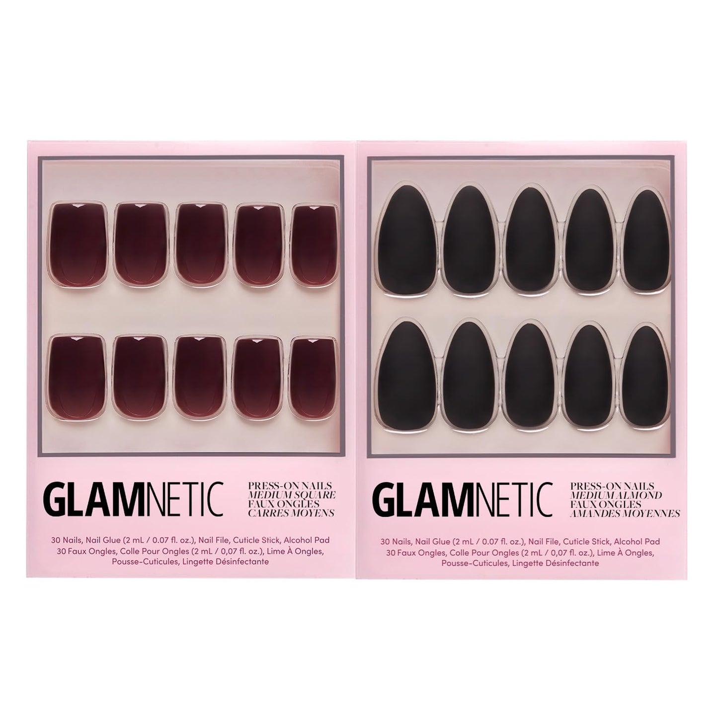 Glamnetic Press-On Nails Bundle - Cherry Mocha & Red Bottom | Dark Red Medium Square Fake Nails with a Glossy Finish | Red Accent Dual Side Medium Almond Fake Nails | Durable, Salon-Quality Nail Kits