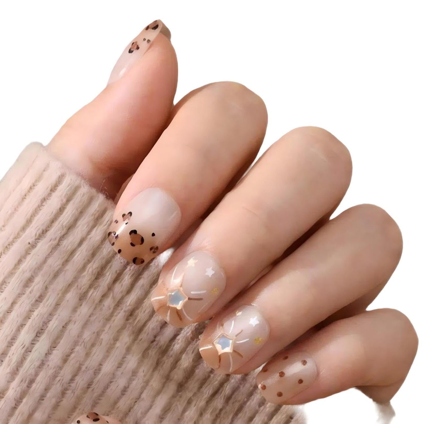 3D Nude Leopard Press On Nails, Short Oval Neutral Beige False Nails with Star Rhinestone Design, Glossy Textured On Nails for Women, Chic Everyday Manicure Set, 30PCS (The sizing runs small)