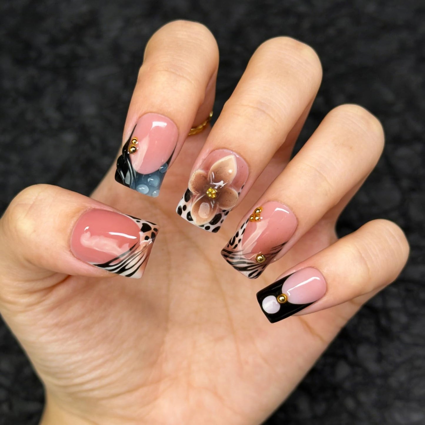 Flower Handmade Press on Nails 3D Luxury Brown Floral Design Leopard Print French Tip Fake Nails Muti-Layer Gel Handmade Acrylic Nail Short Square False Nails for Women (M)