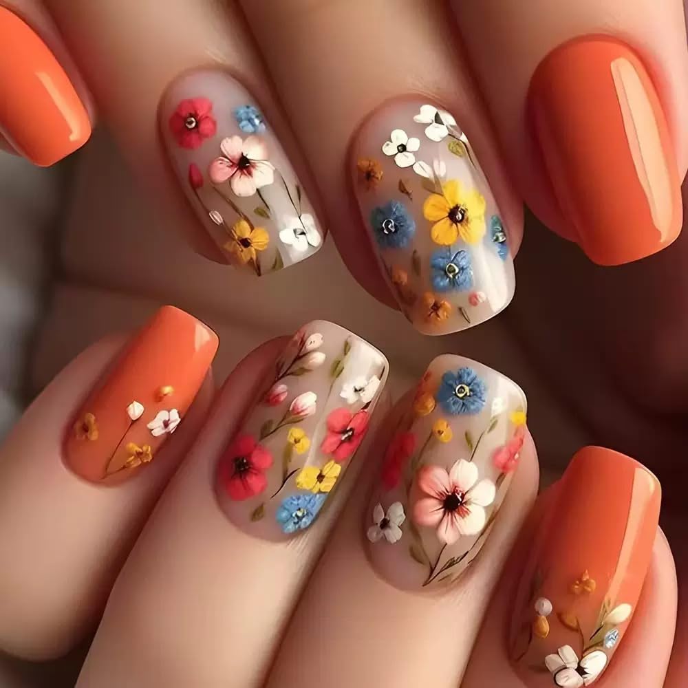 6 Packs (144 Pcs) Press on Nails Short Square Fake Nails Flower False Nails with Designs Spring Summer Floral Glue on Nails Full Cover Glossy Acrylic Stick on Nail for Women Manicure