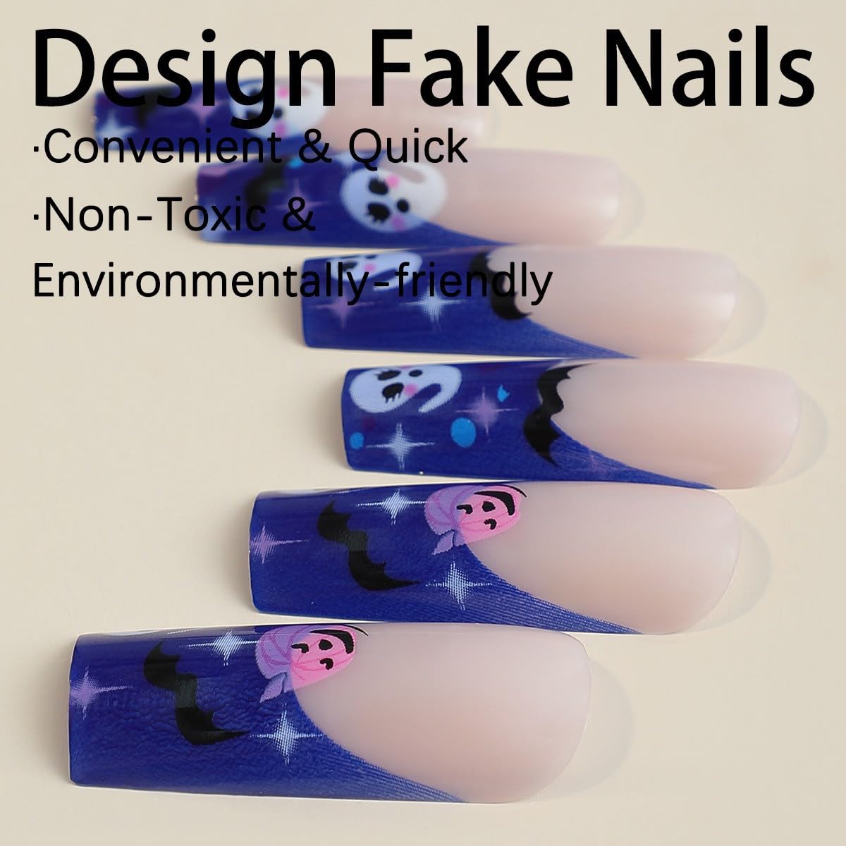 Halloween Press on Nails Long Coffin Fake Nails Cute Pumpkin Ghost Blue Glue on Nails French Tip False Nail with Designs Stars Bat Glossy Stick on Nail for Women Manicure 24 Pcs