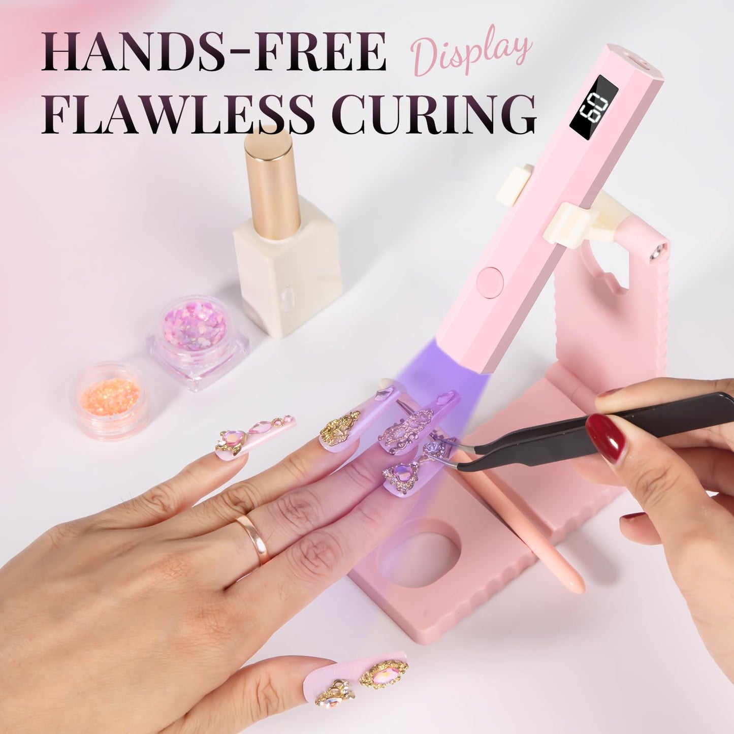 krofaue UV Nail Lamp Kit – Portable Rechargeable Mini Handheld Nail Light with Stand & 120pcs Kids French Tip Press On Nails, Extra Short Almond Soft Gel Nail Tips for DIY Nail Art, Home, Travel