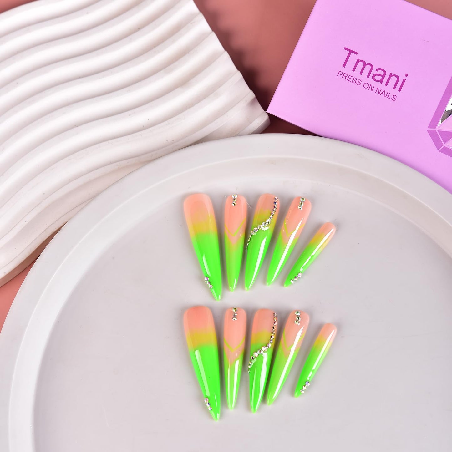 Tmani 10pc/set Extra Long Handmade Press On Nail Hot Girl's Long Ballet Nails Pointed Nail Full of Diamond Glitter Decoration Fake Nails Suitable For Girls Festival Parties and Birthday Gift (120,M)