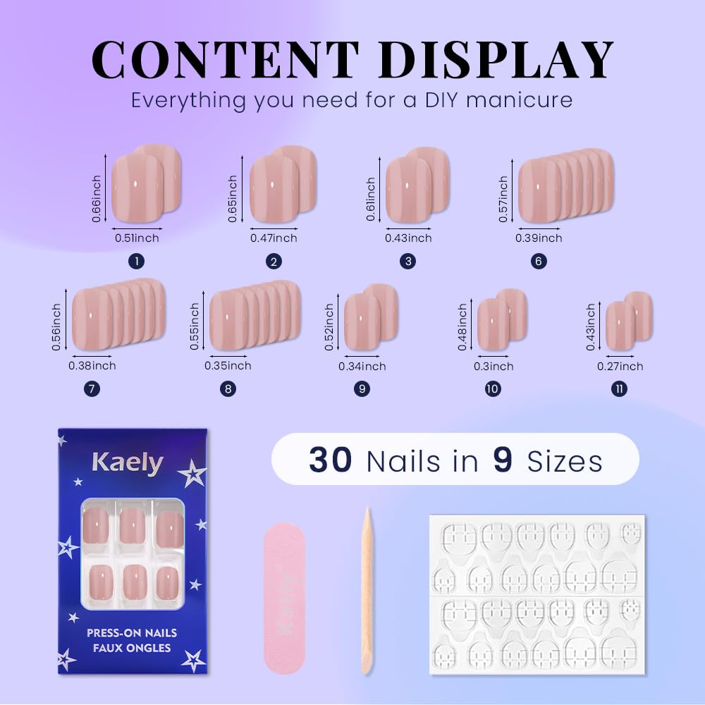 evpct Clay Nude Glossy Squoval Short Press on Nails for Women, Clay Nude Extra Short Squoval No Glue Stick on Nails with Kit, Reusable Full Cover Soft Press on Fake Nail Salon-quality Perfectly Fit