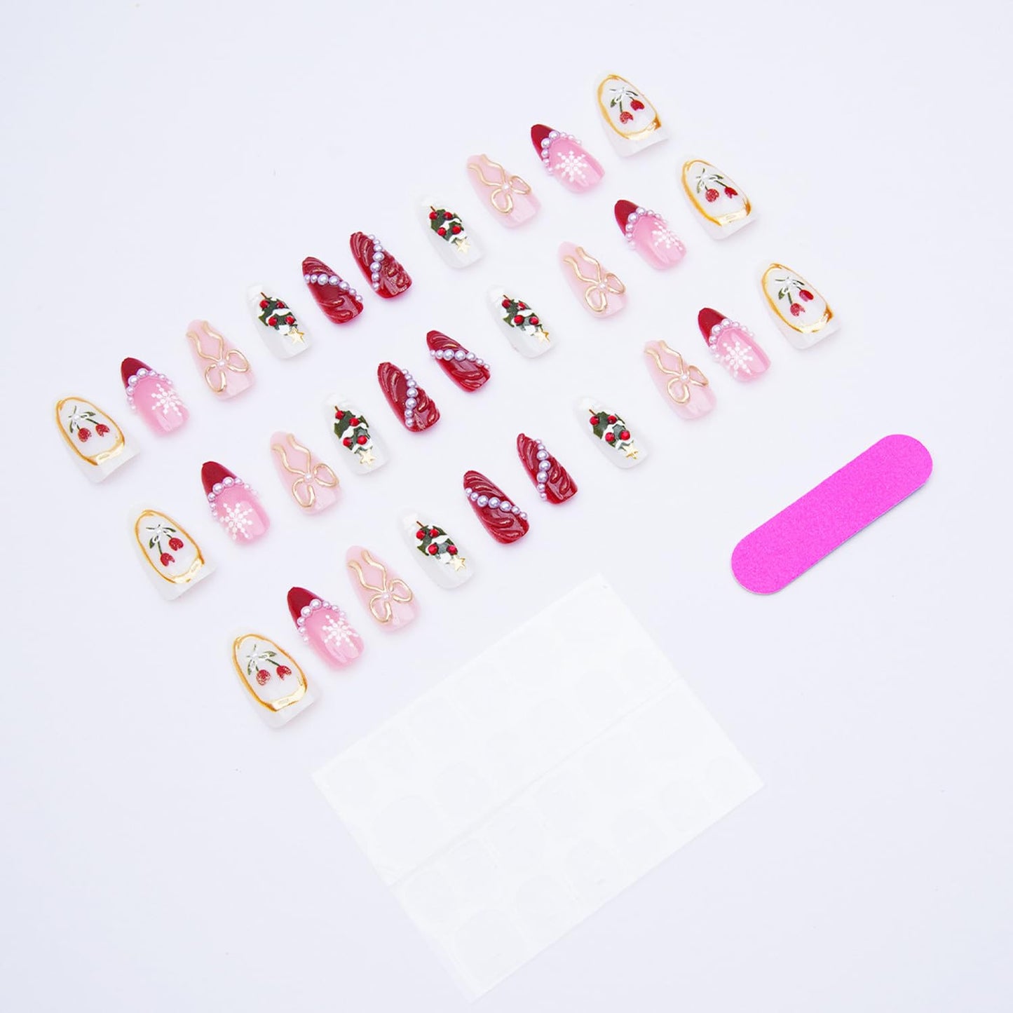 30pcs Christmas Press on Nails Medium Almond Fake Nails with Christmas Tree Bow Snow Pattern Xmas Gel Glitter Pearl Press on False Nails Design Autumn Winter Stick on Nails Gift for Women