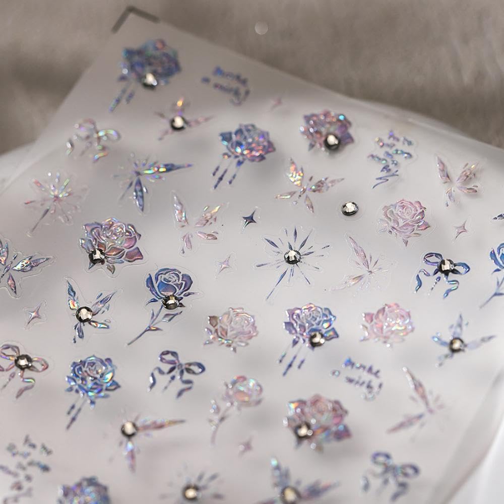 Aurora Flower Nail Stickers 5D Embossed Holographic Pearl Butterfly Nail Decals 3D Self-Adhesive Laser Bow Nail Art Supplies Spring Iridescent Nails Decoration Accessories for Women Manicure 1 Sheet