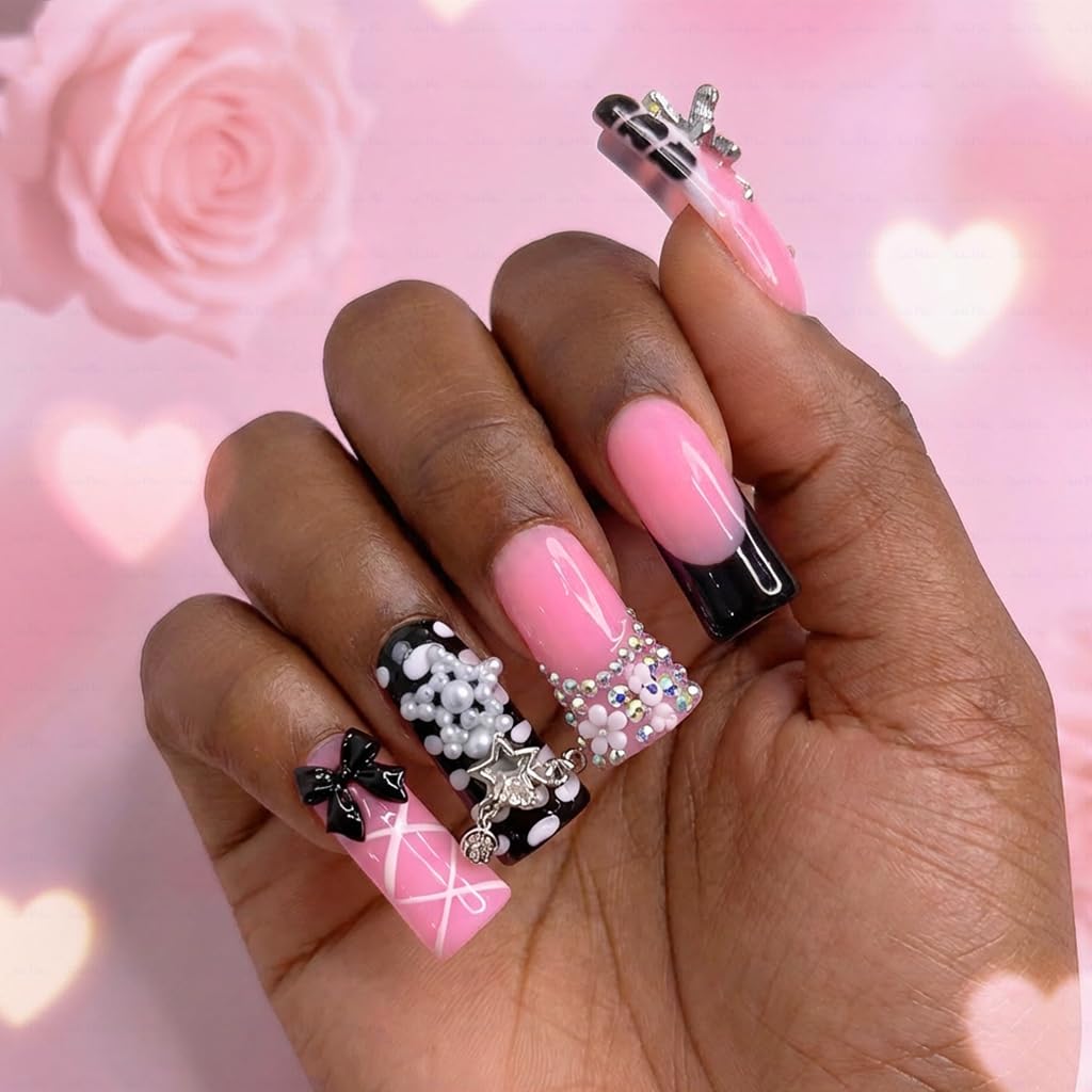 IntoVibes 10 Pieces Luxury Acrylic Press On Nails Long Handmade Duck Nails, Black Thickened False French Nails, With 3D Bowknot And Stars, Reusable Fake Nails, Acrylic Nails (M)