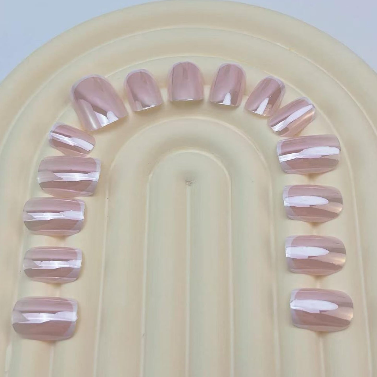 Classic Press on Nails Short Square Fake Nails Nude Light Pink Chrome Design French Tip False Nails Glossy Reusable Acrylic Glue on Nails Full Cover Press ons,Daily wear for Women 24Pcs