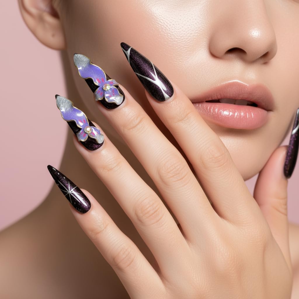 Avilux Press On Nails – Handmade, Reusable, 3D Designer Nail Art, 10Pcs Fake Nails for Women and Girls, Perfect for Holidays, Parties & Gifts (Mystic Orchid Glitter, Small)