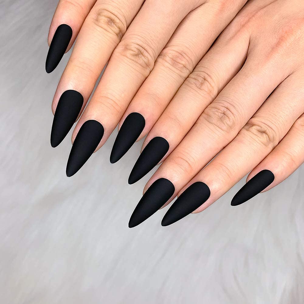 Morily Press-On Nails Bundle | Black Stiletto Glossy & Black Stiletto Matte | 24Pcs Each Set, Medium Length Long False Fake Nails