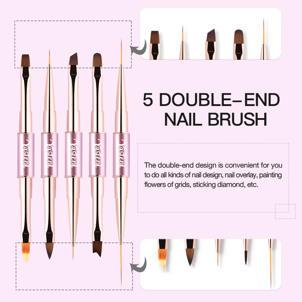 Nail Art Brushes Set Double-Ended Nail Art Tools with Nail Extension Gel Brush, Builder Gel Brush, Nail Art Liner Brush and 3D Nail Art Decorations Brush for Salon at Home DIY Manicure Set of 5Pcs