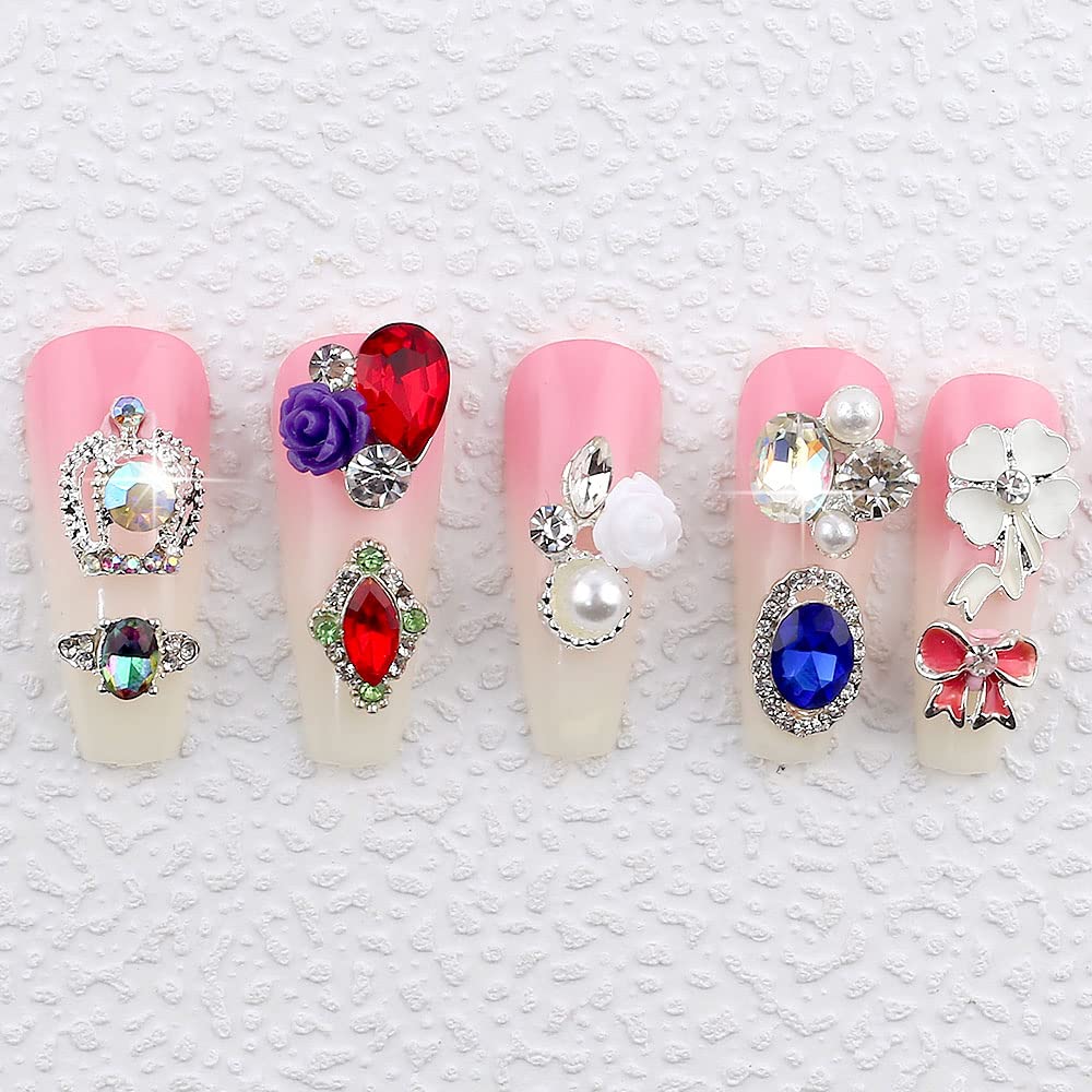 50pcs 3D Nail Charms for Acrylic Nails, Mix Styles Silver Rhinestones for Nails Metal Nail Jewels for Nail Art Charms for Nails Design Alloy Zircon Nail Rhinestones Pearl Nail Gems Women Nail Supplies