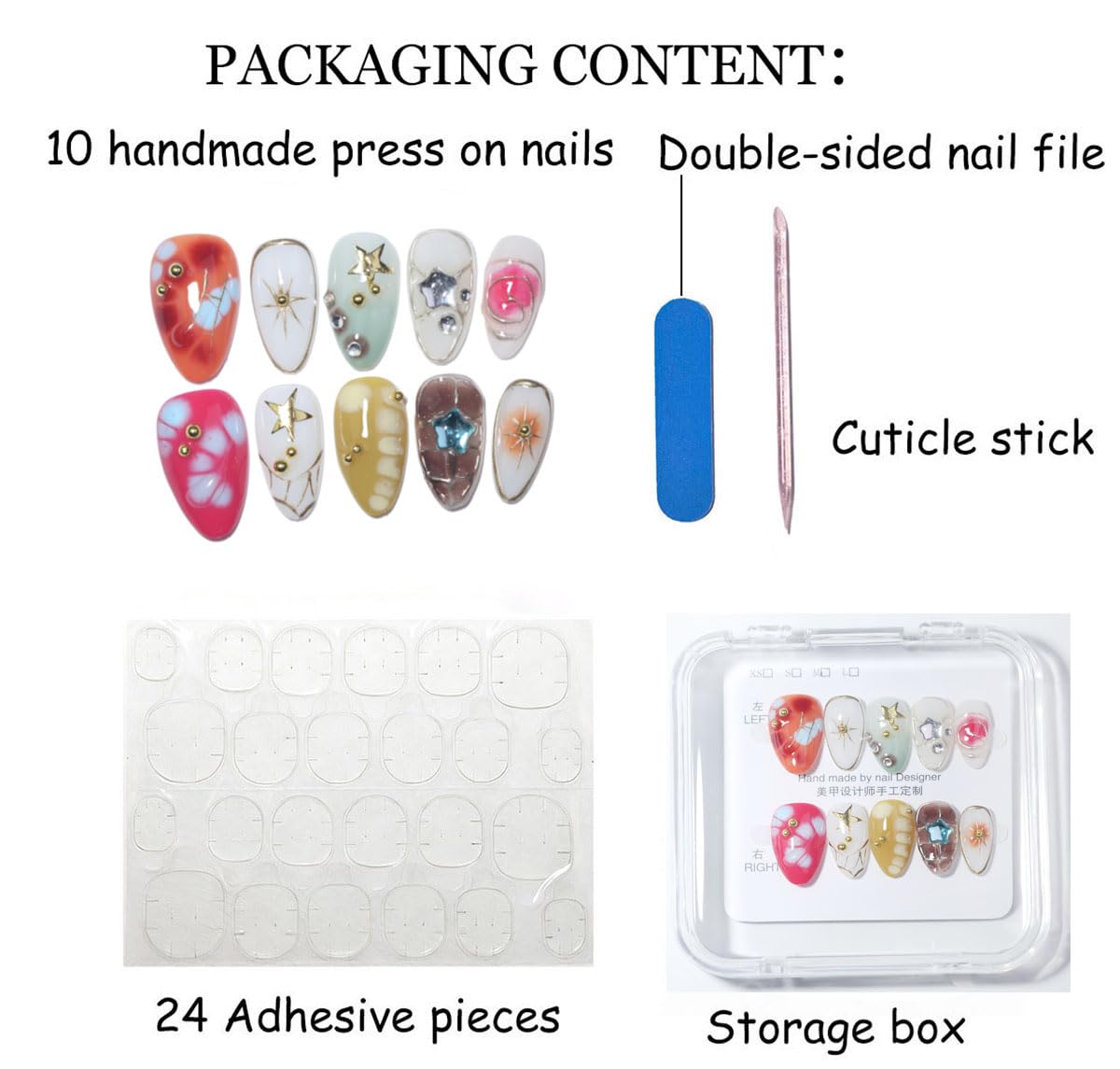 10Pcs Short Almond Handmade Press On Nails | Easy Apply & Remove, Reusable Salon Quality Nails | Colorful Y2K Fake Nails with 3D Star, Gold Accents & Rhinestone (RR06, XS)