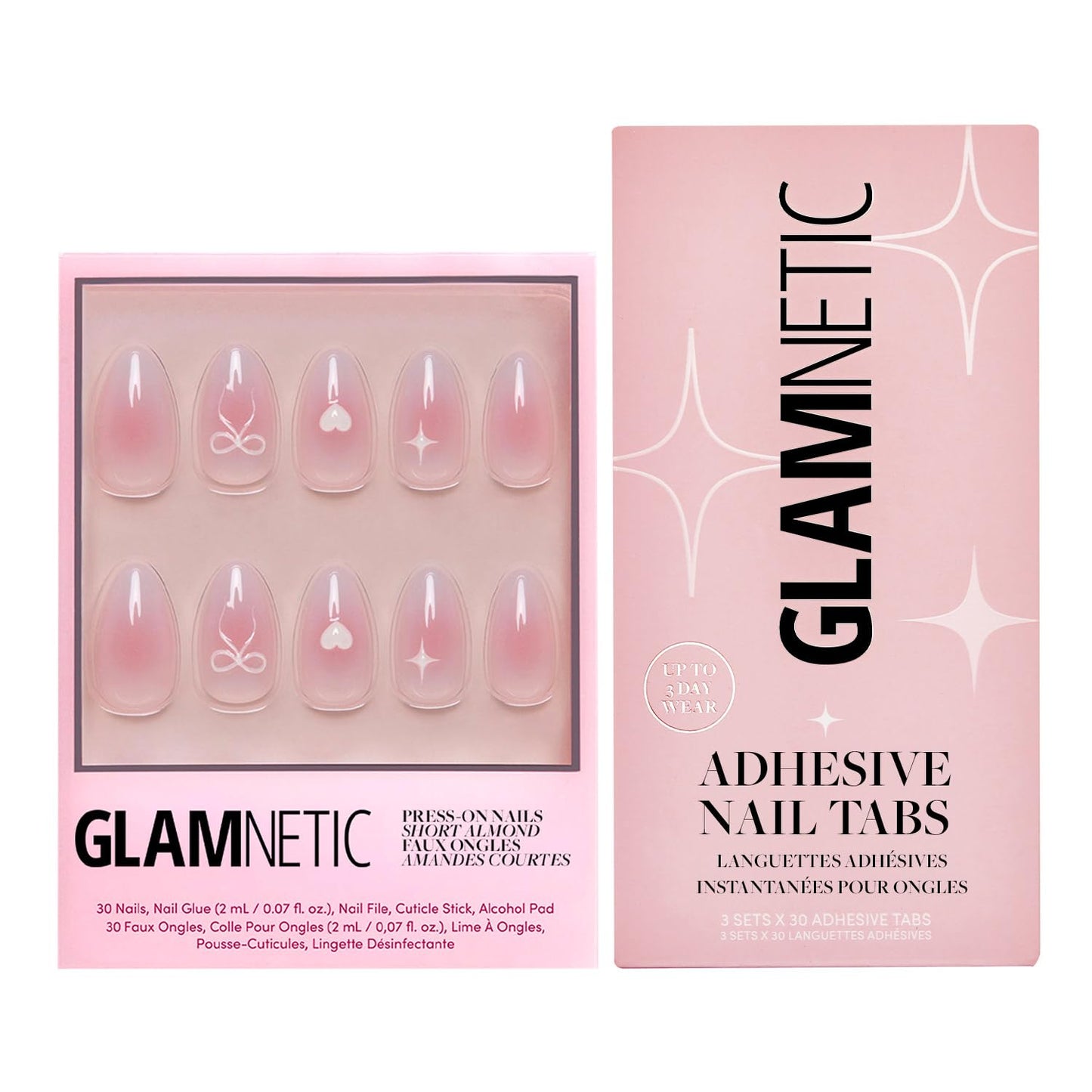 Glamnetic Press-On Nails & Adhesive Nail Tabs - Lovers Knot | Short Almond Nude Fake Nails with Bow Accents | 15 Sizes - 30 Nail Kit with Adhesive Tabs