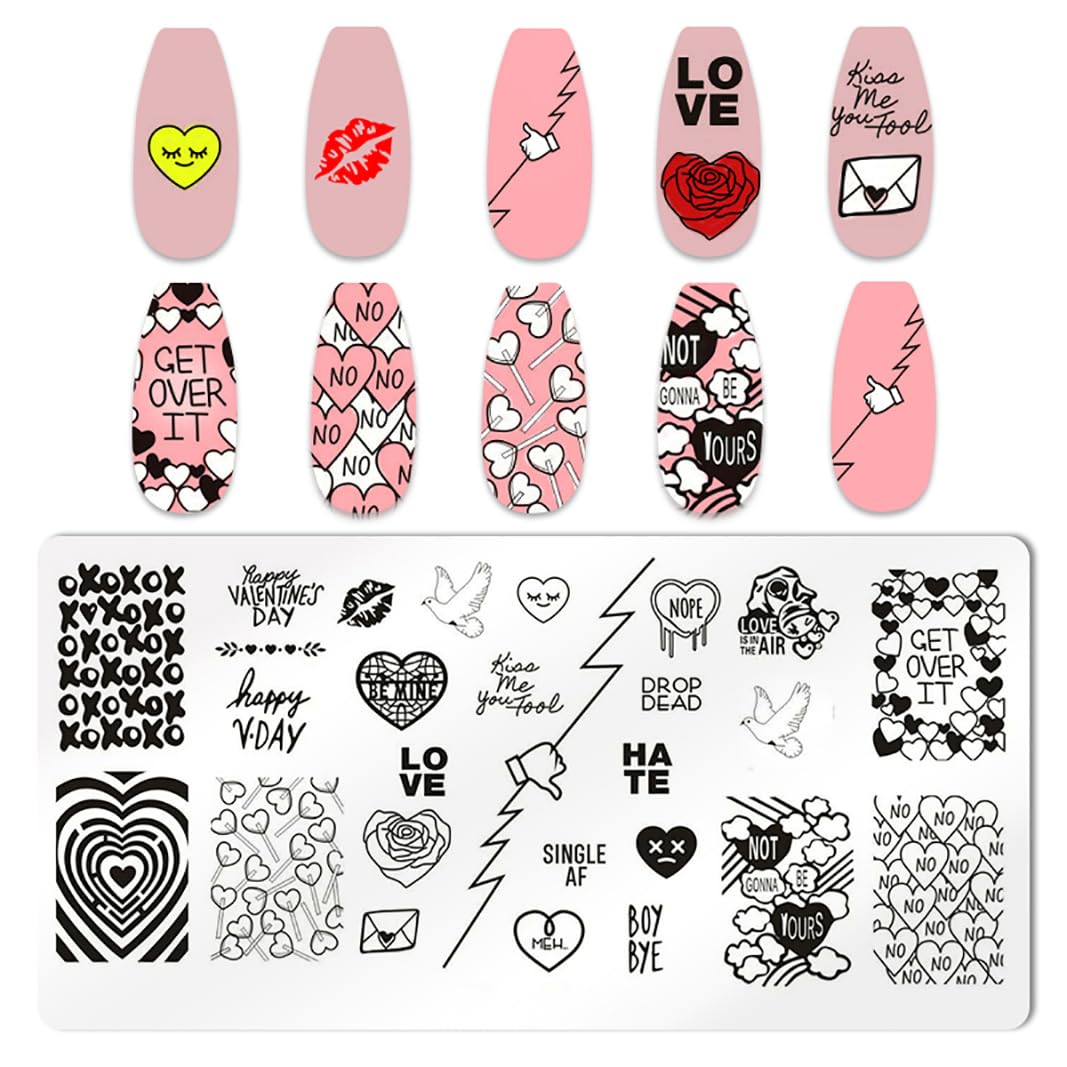 JERCLITY 6pcs Valentine's Day Love Heart Nail Stamping Plate Nail Stamping Kit for Nails Love Heart Image Plates Nail Art Design Nail Stamper Kit for Women