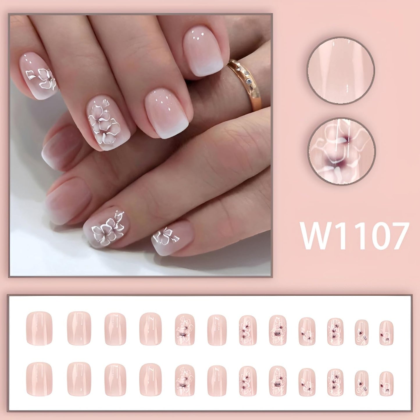 6 Packs（144Pcs）Flower Press on Nails Short Square Fake Nails with Floral Design Summer Spring Nails Press ons Colorful Acrylic Nails Glossy Glue on Nails Full Cover Stick on Nails for Women Girls