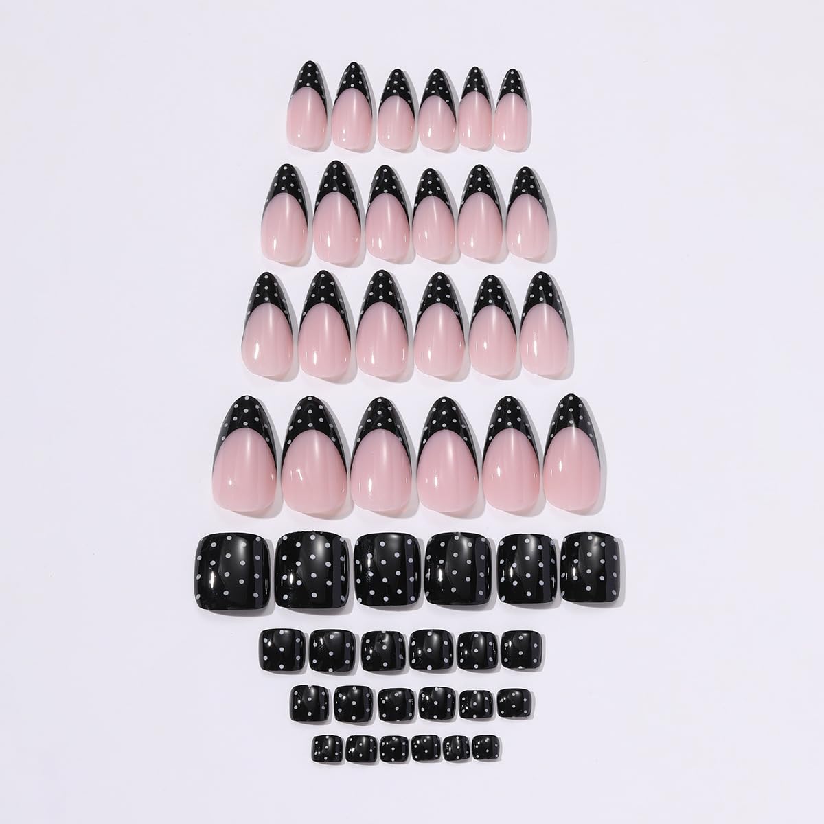 Polka Dot Press on Nails and Toenails Set - Medium Almond Nude Fake Nails, Full Cover Short Square Black False ToeNails, Reusable Glue on Nails for Women Manicure & Pedicure Nail Kit