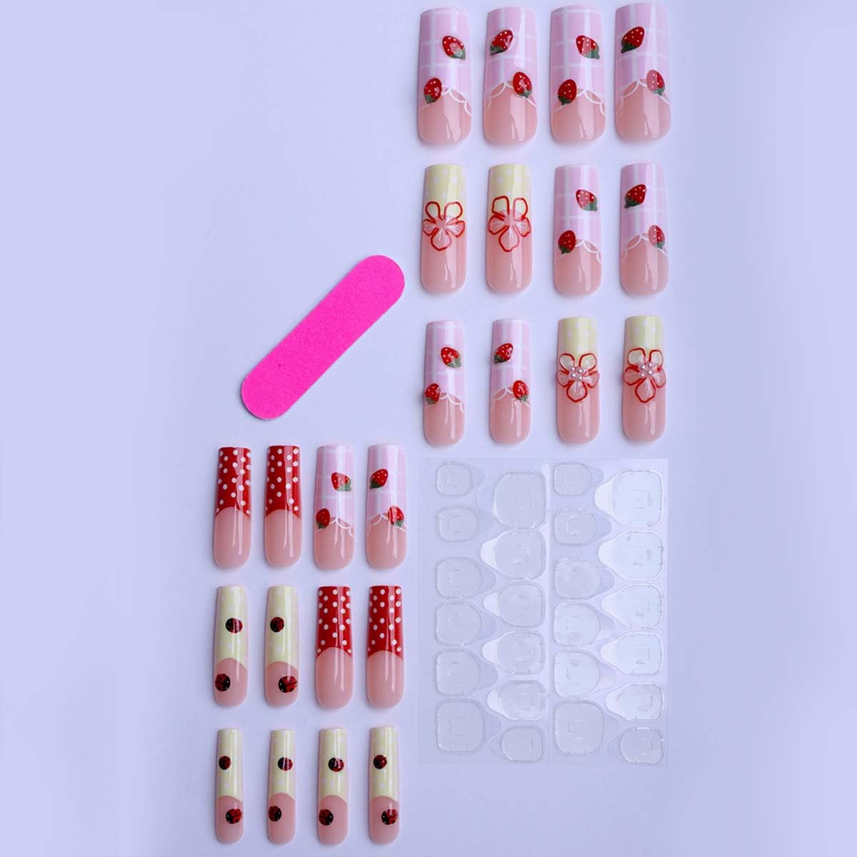 LINMEIZAI 24Pcs French Press on Nails Medium Square 3D Strawberry Fake Nails Press ons Nail Tips, Lines Stick on Nails Acrylic Nails Kit False Nails Pearl Design Nail Art for Women Flowers Manicure