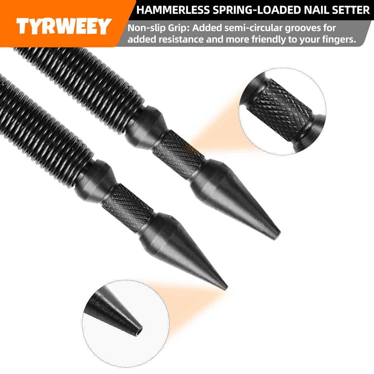 TYRWEEY 2-Piece Nail Setter Dual Head NailSet, Dual Head Nail Setter, Spring Loaded Center Hole Punch, Hand Tool for Metal or Wood features 1/16-in, 1/32-in, 1/8-in, 3/32-in