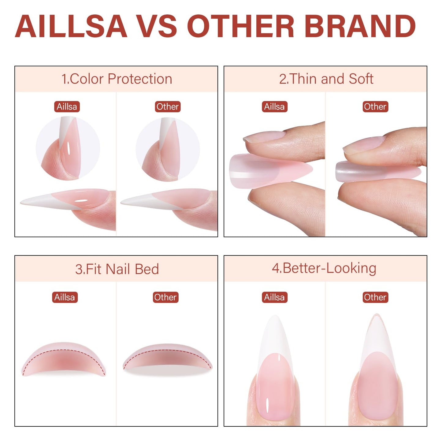 AILLSA French Gel Nail Tips, 180 Pcs French Tip Press On Nails Long Almond Pink, Pre-Applied Primer & Base Coat, No Need File, Soft Long Stiletto Nail Tips, Fake Nails for Women Gift 15 Sizes