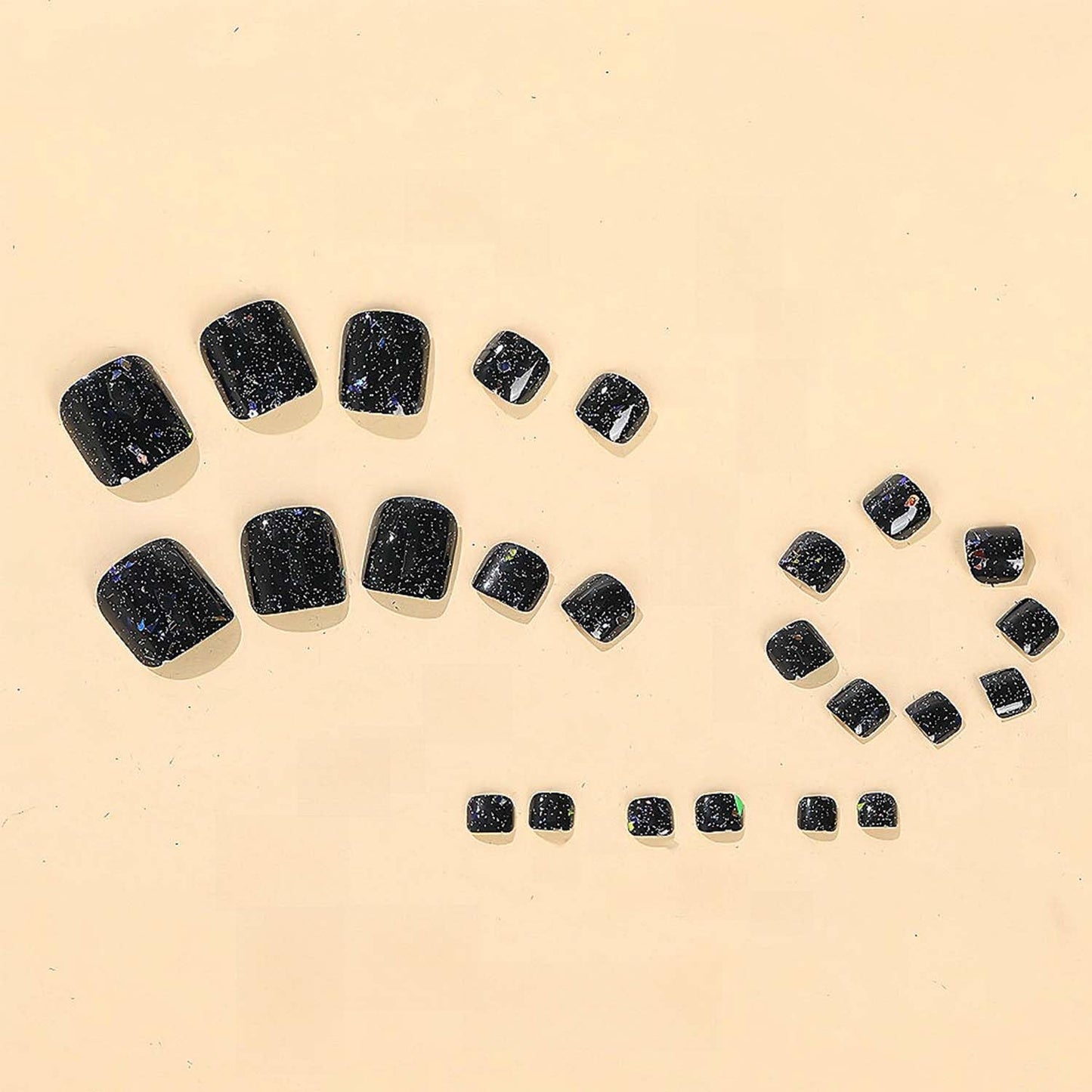 Black Press On Toenails Square Fake Toenails Short False Toenails With Glitter Design Acrylic Artificial Glossy Glue On Toenail Full Cover Stick On Toenail For Women Manicure Art 24pcs