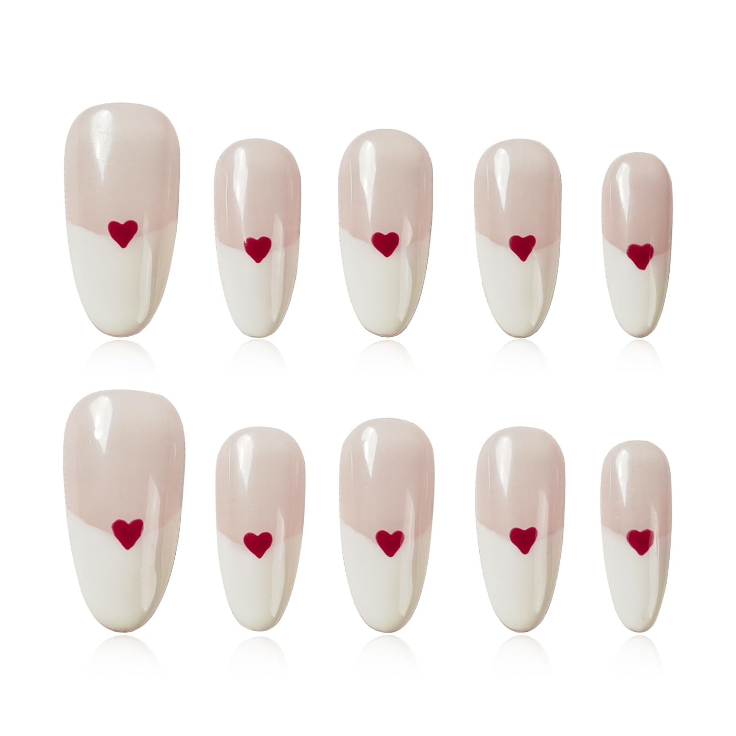 Tesytto Medium Almond Press on Nails - Red Heart Fake Nails Full Cover Glossy, Classic White Edge Design French Tip Handmade False Nails(Creamy Heart French,S)